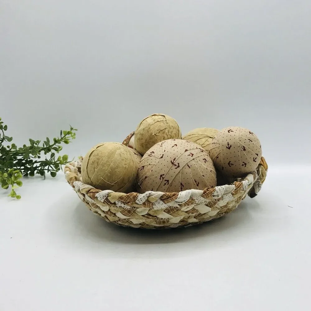 Neutral Tans Beige Cream Braided Basket with 7 Fabric Balls Handmade 9x9x2